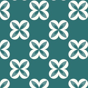 Large -Monochrome Geometric flowers in Teal green and off white Half drop