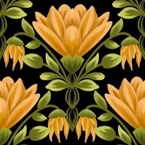 Sunlit Blooms: Vintage Yellow Floral, Black Pattern-Medium 