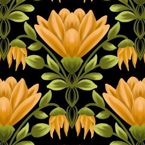Sunlit Blooms: Vintage Yellow Floral, Black Pattern-Small 