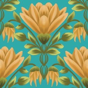 Sunlit Blooms: Vintage Yellow Floral, Turquoise Pattern-Large