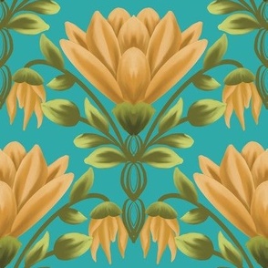 Sunlit Blooms: Vintage Yellow Floral, Turquoise Pattern-Medium 