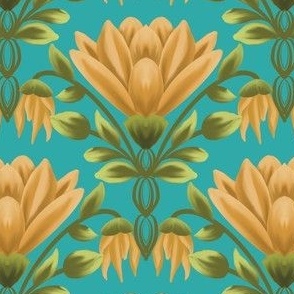 Sunlit Blooms: Vintage Yellow Floral, Turquoise Pattern-Small