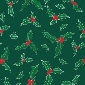 Jolly Holly of Red Berries and Green Leaves on a Deep Green Background with White Accents 