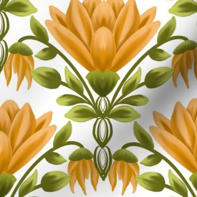 Sunlit Blooms: Vintage Yellow Floral, White Pattern-Medium 