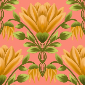 Sunlit Blooms: Vintage Yellow Floral, Pink Pattern-Large