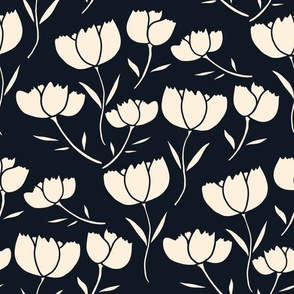 black and soft white tulips floral pattern