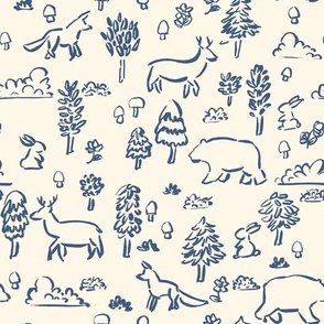 Hand drawn abstract forest animals in navy on creme white