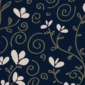 Bohemian Flowers and Playful Vines in white, navy blue and sage green