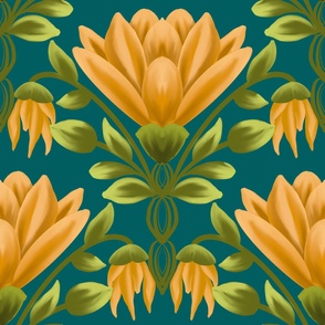 Sunlit Blooms: Vintage Yellow Floral, Teal Pattern-Large