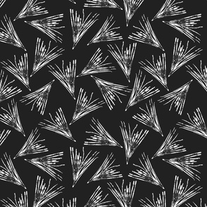 (S) Hand-Drawn White Pine Needles Tossed on a Solid Black Background
