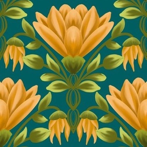 Sunlit Blooms: Vintage Yellow Floral, Teal Pattern-Medium
