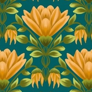 Sunlit Blooms: Vintage Yellow Floral, Teal Pattern-Small