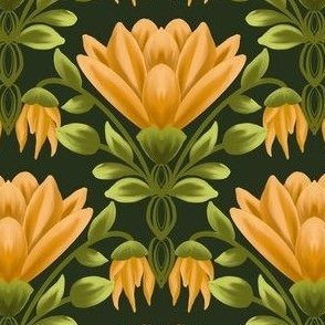 Sunlit Blooms: Vintage Yellow Floral, Dark Green, Small 