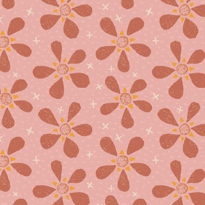LARGE - Textured flowers in retro colors - spring and summer floral - copper red on pastel pink 