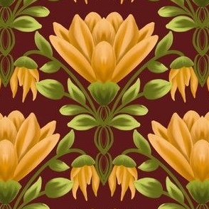 Sunlit Blooms: Vintage Yellow Floral, burgundy-Small