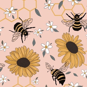 Sunflower and bee's on Pink { jumbo}