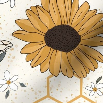 Sunflower and bee's on cream splatter { jumbo}