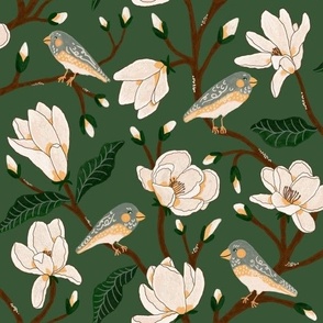 Hand-Painted Magnolia & Songbird Chinoiserie Pattern