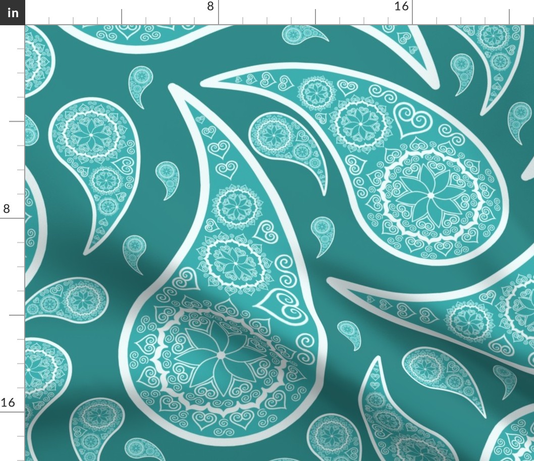 Teal and White Flowering Heart Paisley - HUGE