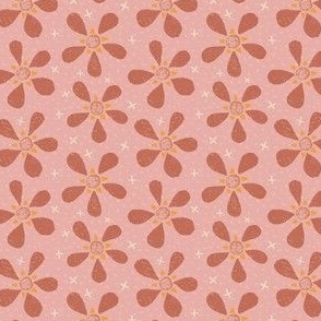 SMALL - Textured flowers in retro colors - spring and summer floral - copper red on pastel pink 