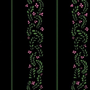 Dark Moody Floral Leafy Stripes - Green and Pink on Black