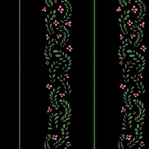 Dark Moody Floral Leafy Stripes - Purple and Green on Black