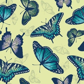 Kaleidoscope of Butterflies on pale yellow-green (large scale)