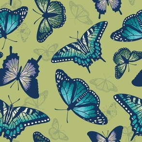 Kaleidoscope of Butterflies on Spring Green (Large Scale)