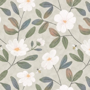 (L) Sweet White Flowers with bees on dreamy, neutral taupe gray