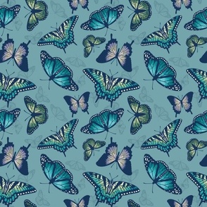 Kaleidoscope of Butterflies on Pale Sea Blue (medium scale)