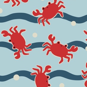Tossed Red Crabs and Waves on Blue - large