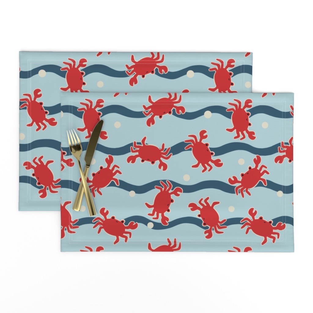 Tossed Red Crabs and Waves on Blue - Medium