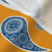 Heart Scroll Paisley in Country Blue & Cream on orange background - HUGE