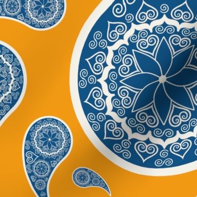 Heart Scroll Paisley in Country Blue & Cream on orange background - HUGE