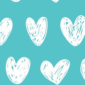 White doodle hearts on teal 