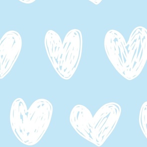 White doodle hearts on sky blue 