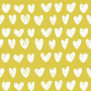 White doodle hearts on yellow 