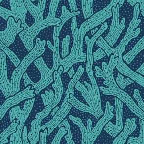 Coastal Charm: Coral Sea Life Block Print Pattern in Deep Blue and Aquamarine