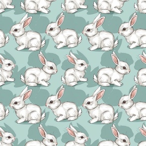 Cuddly Cottontails - Soft White Rabbits on Sage Green