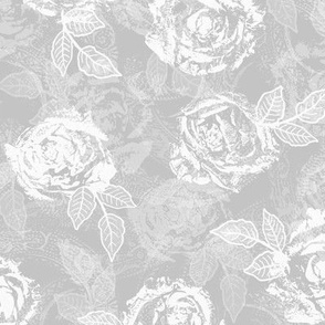 Rose Prints and Leaves w Layers on Light Gray Lace Texture