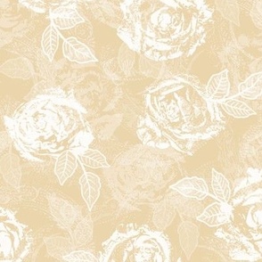 Rose Prints and Leaves w Layers on Sand Beige Lace Texture