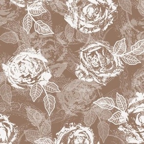 Rose Prints and Leaves w Layers on Mocha Brown Lace Texture
