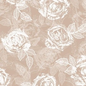 Rose Prints and Leaves w Layers on Light Mocha Brown Lace Texture