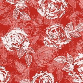 Rose Prints and Leaves w Layers on Poppy Red Lace Texture