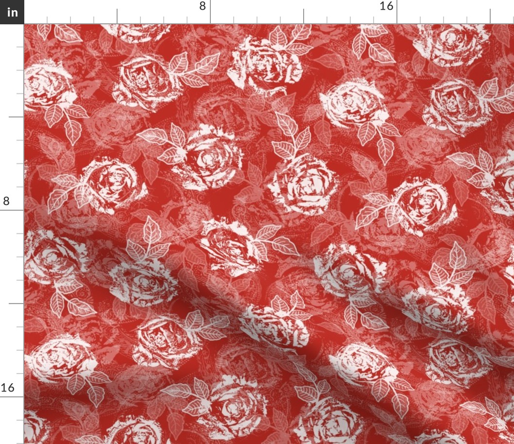 Rose Prints and Leaves w Layers on Poppy Red Lace Texture