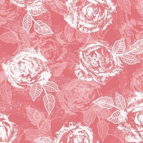 Rose Prints and Leaves w Layers on Watermelon Coral Lace Texture