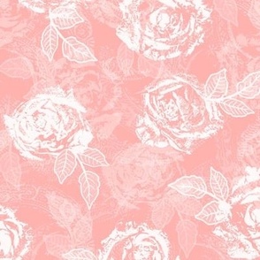 Rose Prints and Leaves w Layers on Light Coral Lace Texture