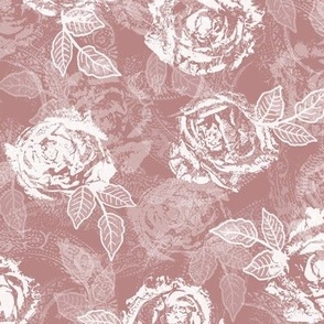 Rose Prints and Leaves w Layers on Dusty Rose Lace Texture