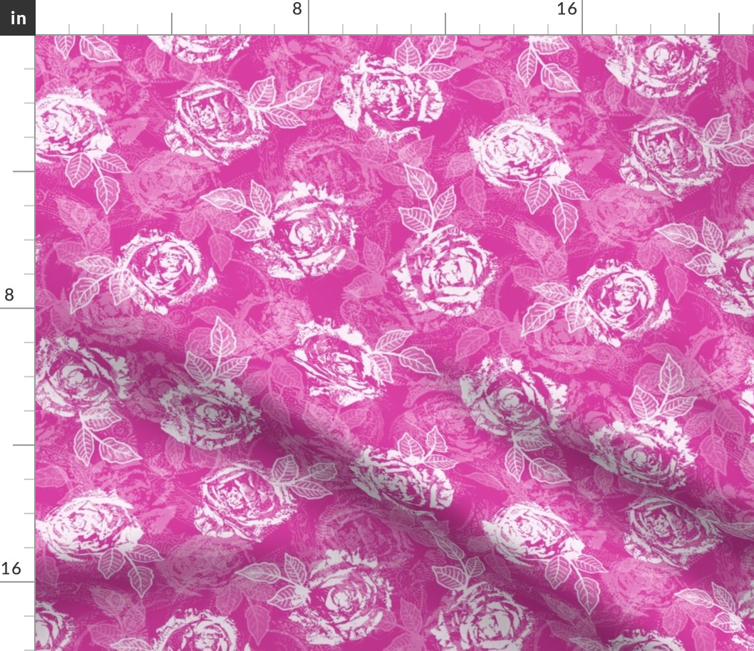Rose Prints and Leaves w Layers on Bright Raspberry Lace Texture
