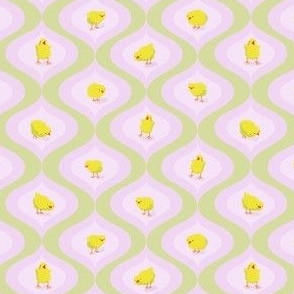 Handdrawn Cute fluffy yellow Easter Chicken Ogees //  Soft Pink and Kiwi Green